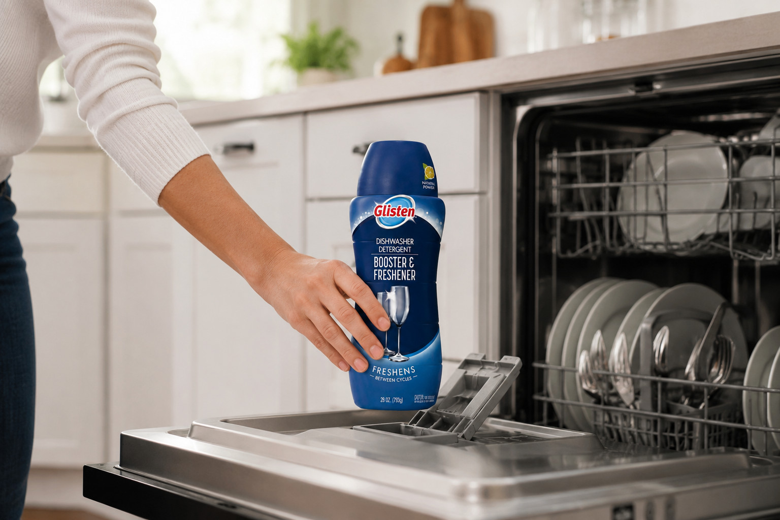 Glisten Dishwasher Detergent Booster & Freshener 28 oz (793g) – 4 Pack – Freshen