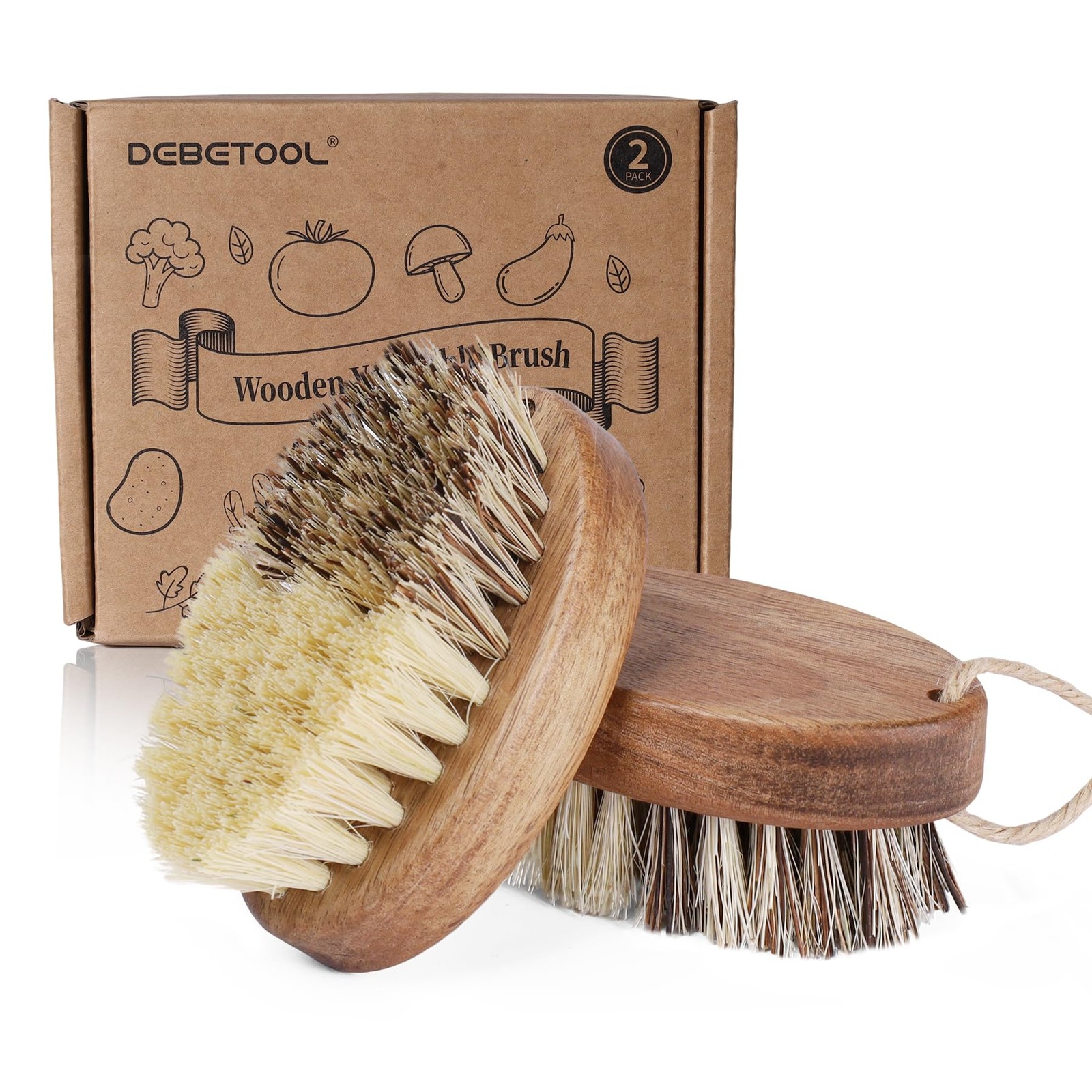 Wooden Vegetable Brush Scrubber for Food – Dual Bristle Sisal & Palm Fiber wit