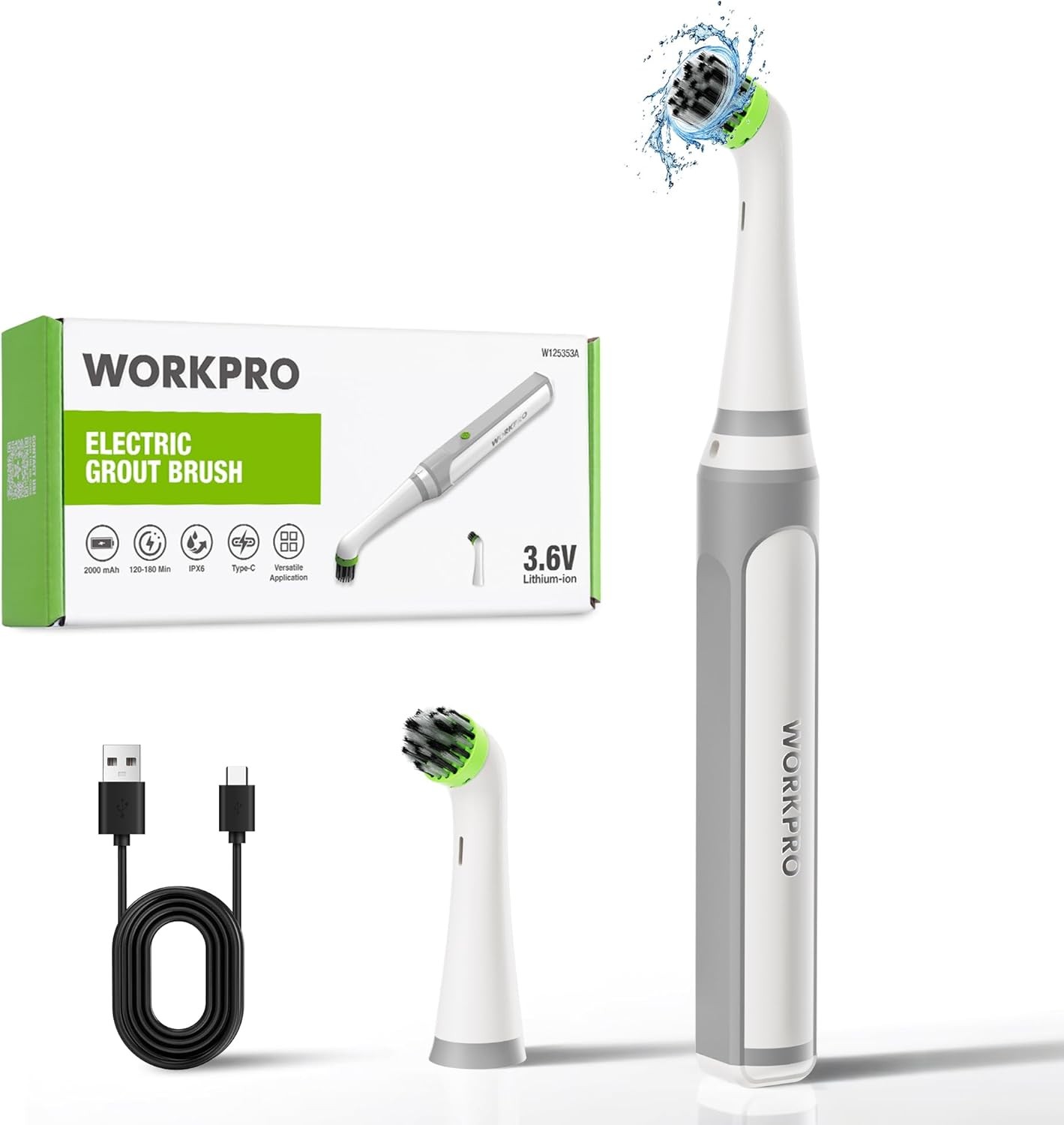 WORKPRO 5500RPM Cordless Grout Brush IPX6 Waterproof Electric Scrubber w/Type-C