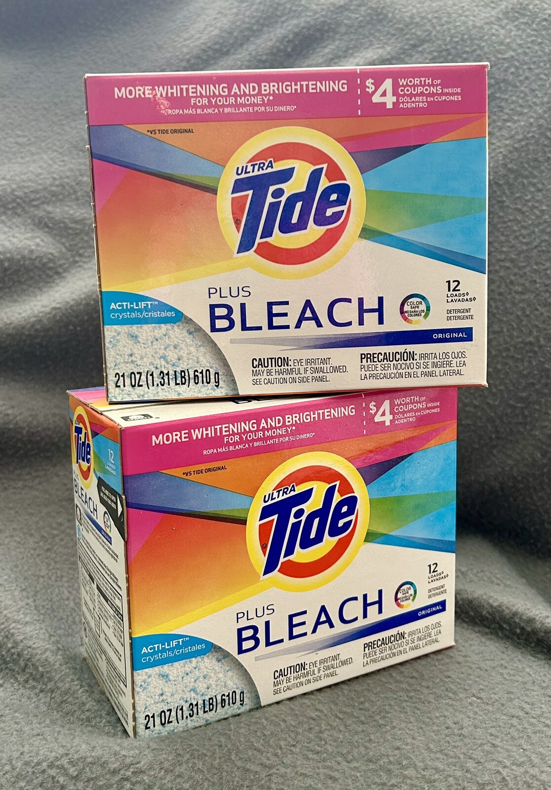 2 Tide Plus Bleach Acti-Lift Crystals Laundry Detergent Powder 21 oz each New