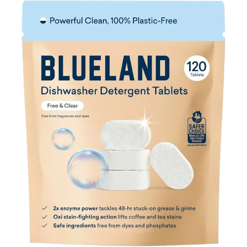 BLUELAND 100% Plastic-Free Dishwasher Detergent Tablets, 120 Count, Free & Clear
