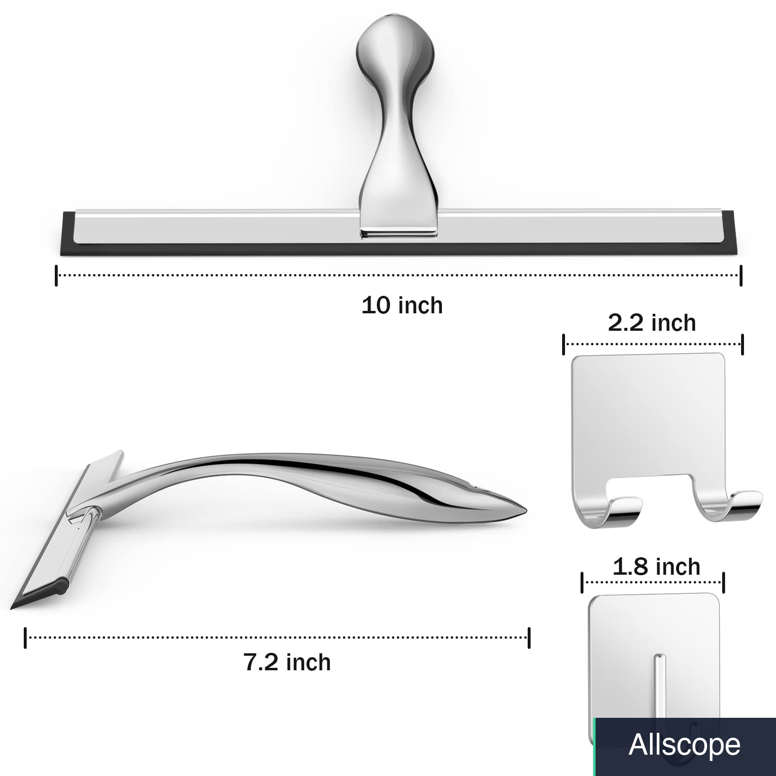 Shower Squeegee Stainless Steel Silicone Blade 10 Inch Adhesive Hooks
