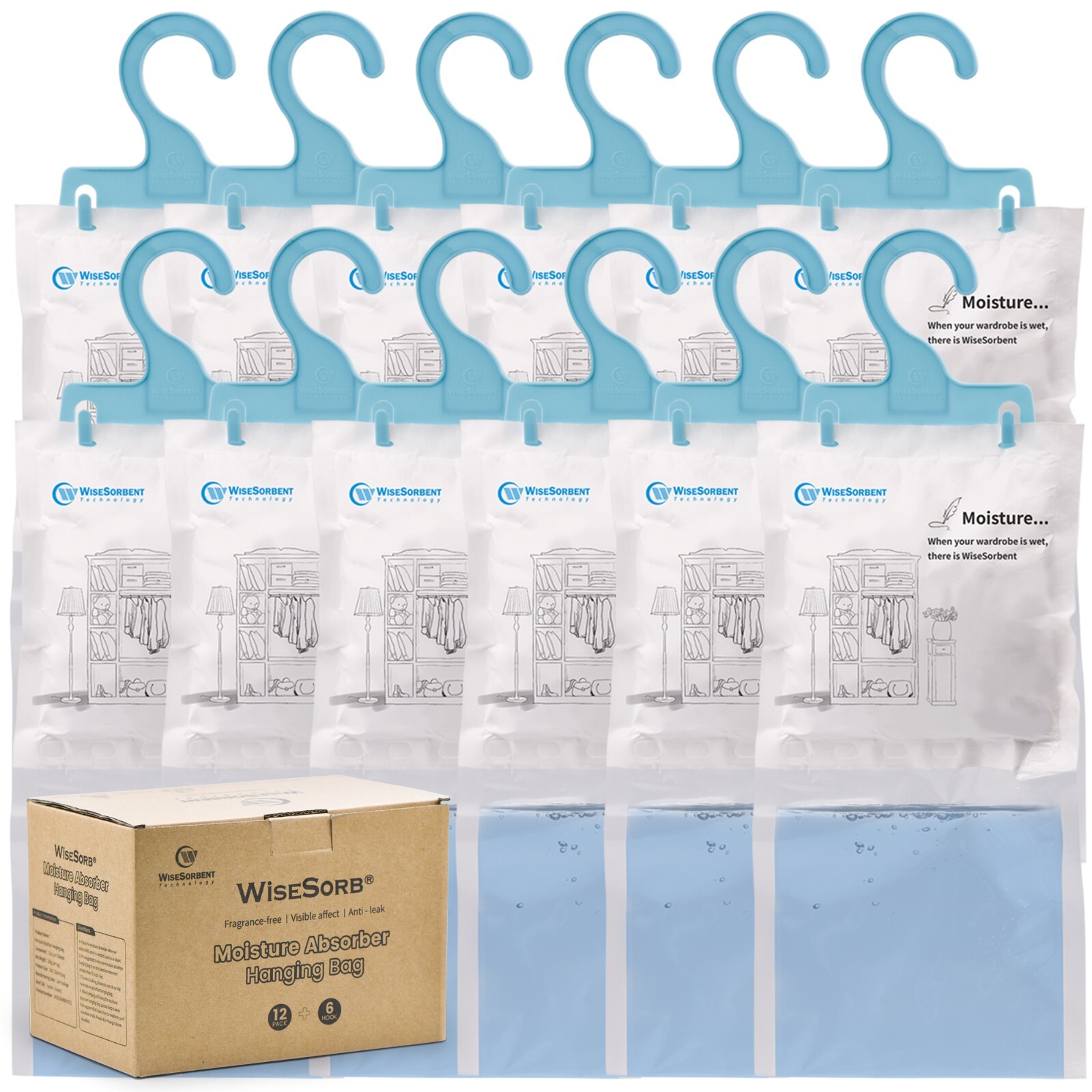 Wisesorb Moisture Absorber Refill Hanging Bags 12 Pack (7 oz. ea.) 6psc Hooks
