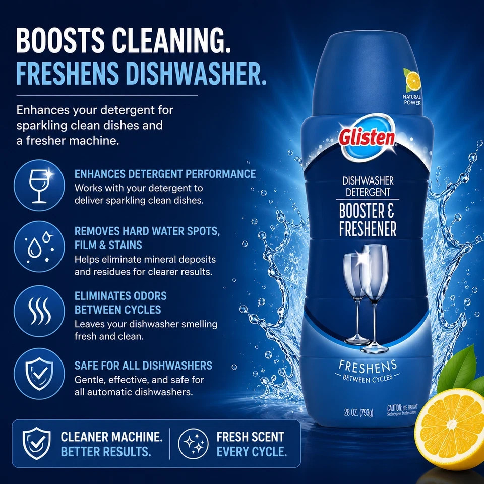 Glisten Dishwasher Detergent Booster & Freshener 28 oz (793g) – 4 Pack – Freshen