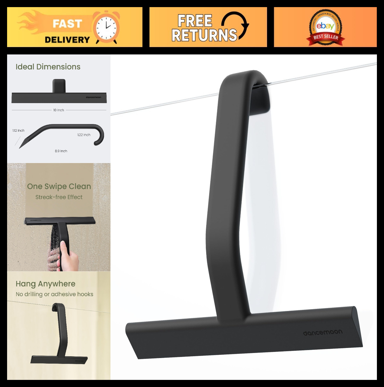 10-Inch Silicone Shower Squeegee with Hook – Streak-Free Cleaner for Glass, Tile