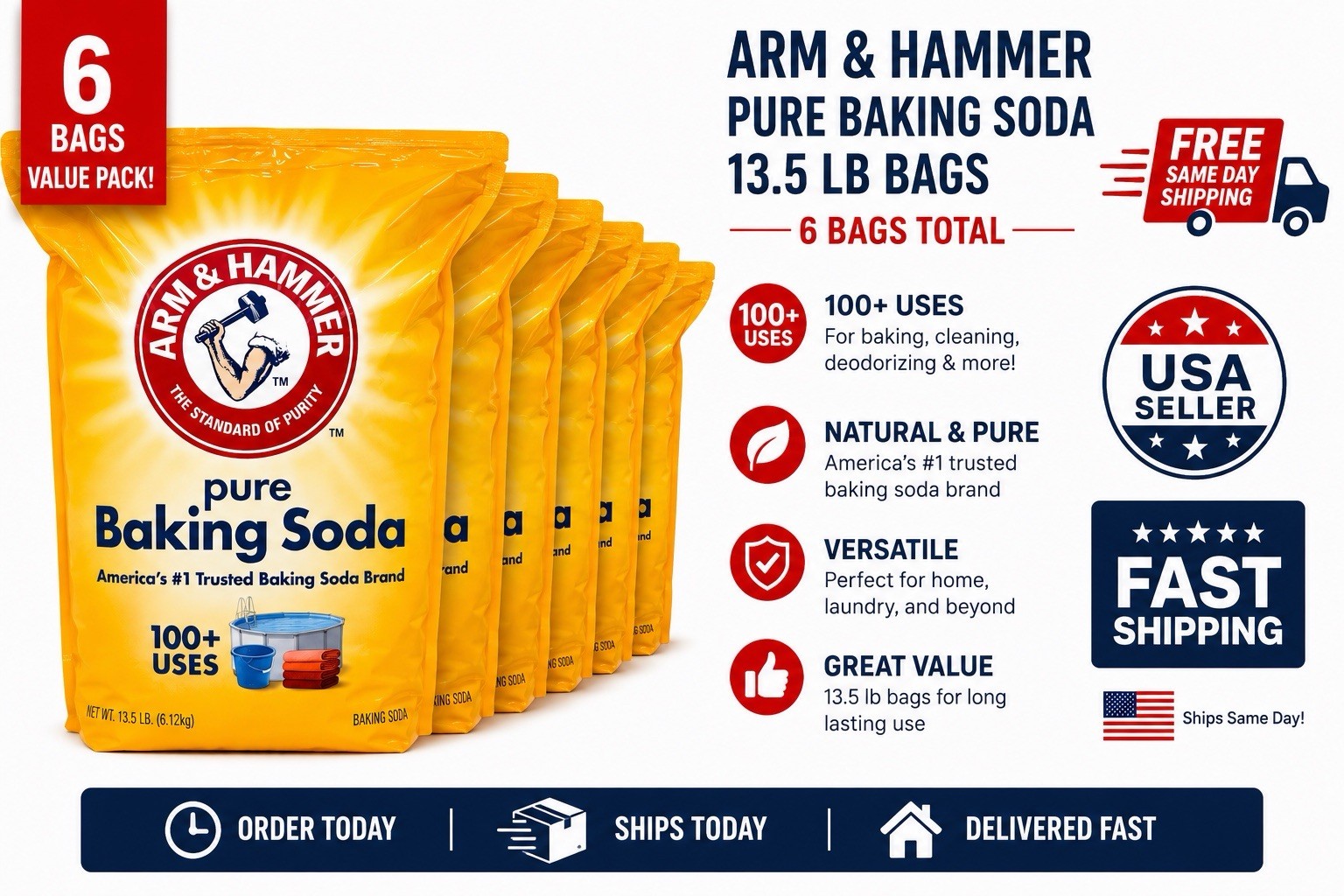 Arm & Hammer Pure Baking Soda 13.5 lb Bags (6-Pack) | Free Same-Day Shipping