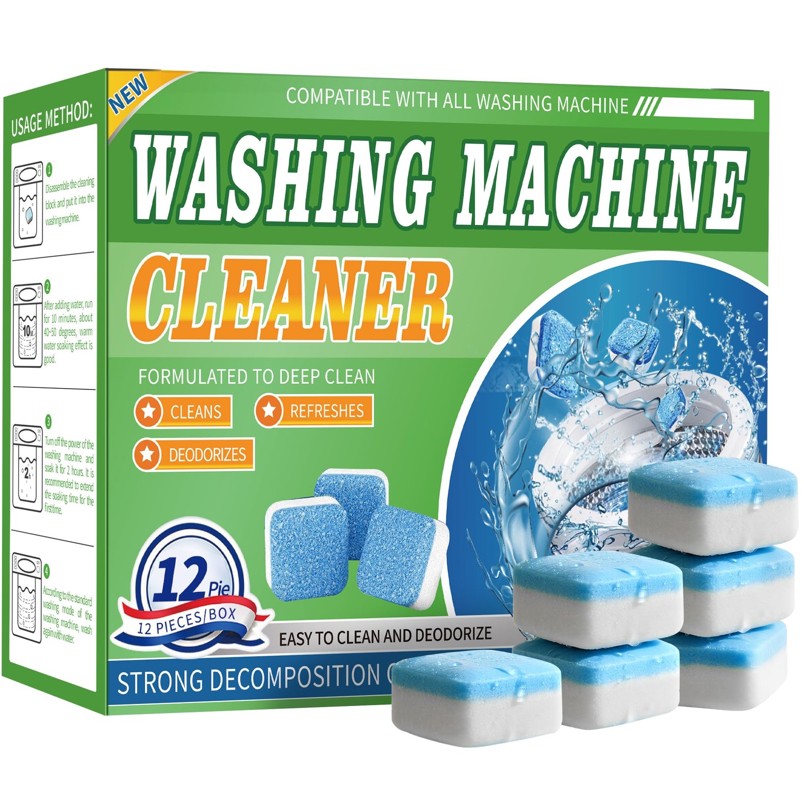Washing Machine Cleaner Tablets 12 Pack – Deep Cleaning Tablets for HE Front …