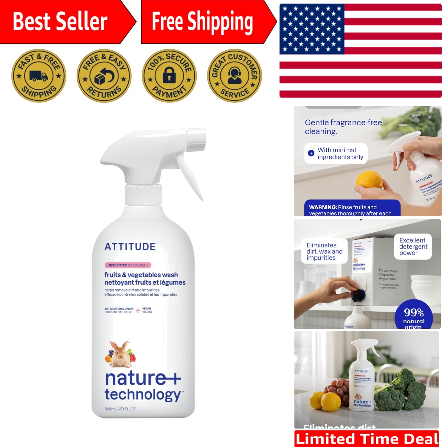 Plant-Based Food Wash for Fruits & Veggies – 27.1 Fl Oz, & Cruelty-Free