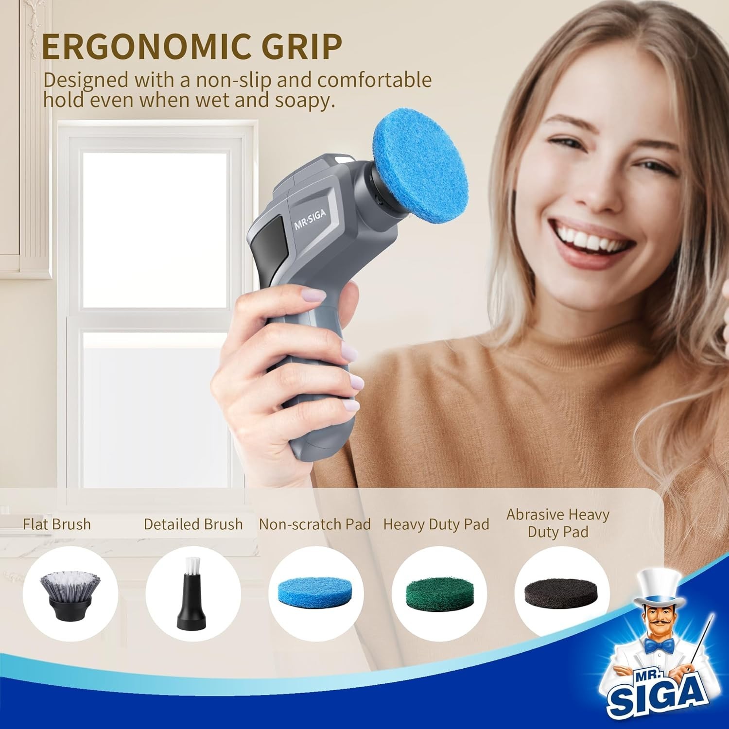 MR.SIGA Electric Spin Scrubber for Kitchen and Bathroom Cleaning Waterproof