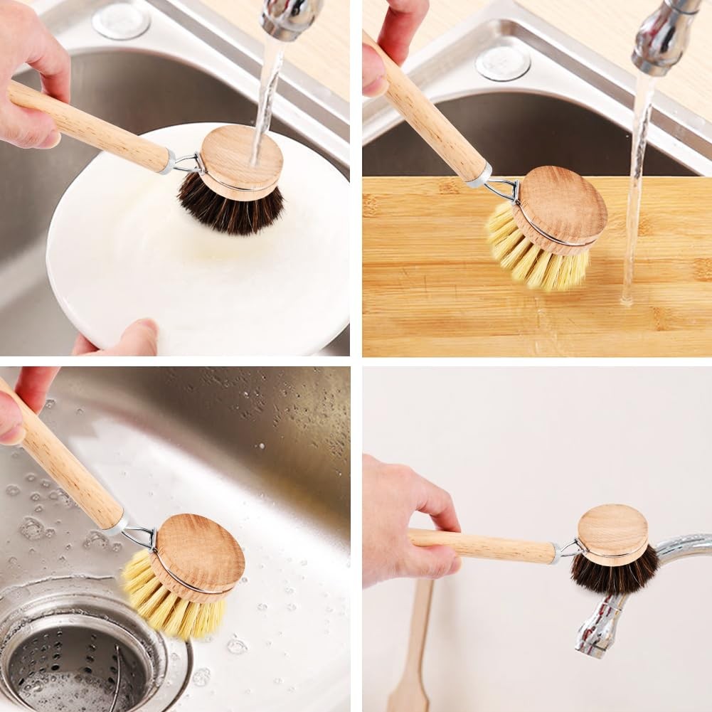 Bamboo Dish Brush with Handle, 3 Natural Bristle Heads (Horsehair, Sisal, Pal…
