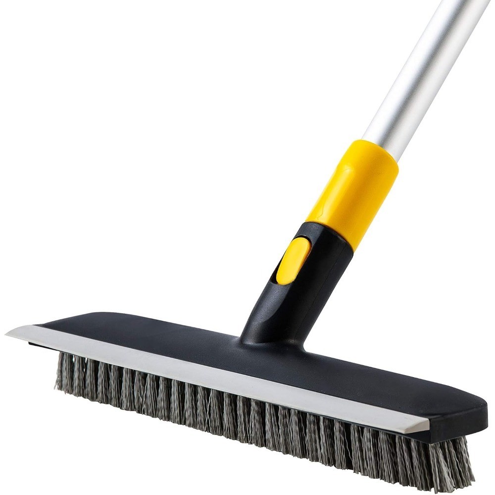 Telescopic Floor Scrub Brush with Stiff Bristles 2-in-1 Scraper for Shower Tile