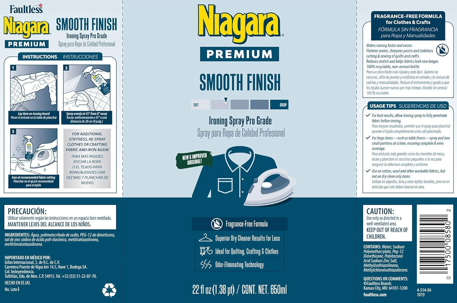 Niagara Spray Starch (22 Oz, 2 Pack) Trigger Pump Liquid Starch for Ironing, Non