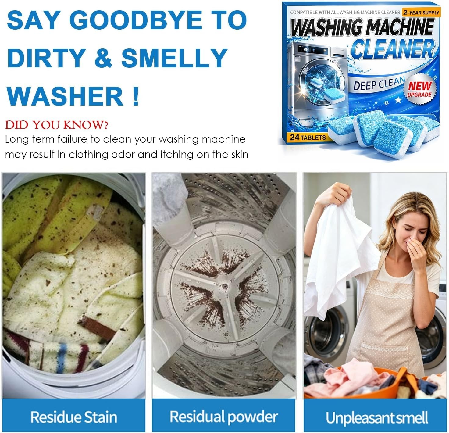 Washing Machine Cleaner Tablets 24 Pack Enzyme Deep Clean Front Load Washer
