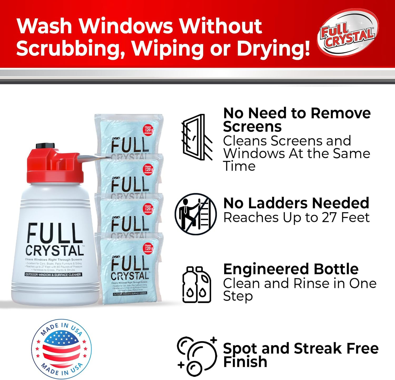 Full Crystal Window Cleaning Kit – 16 Oz Glass Cleaner and Bottle with 27 Ft Rea