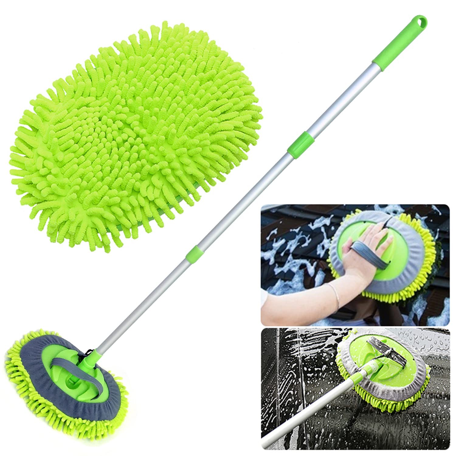 2 in 1 Chenille Microfiber Car Wash Mop Mitt with 46″ Aluminum Alloy Long Han…