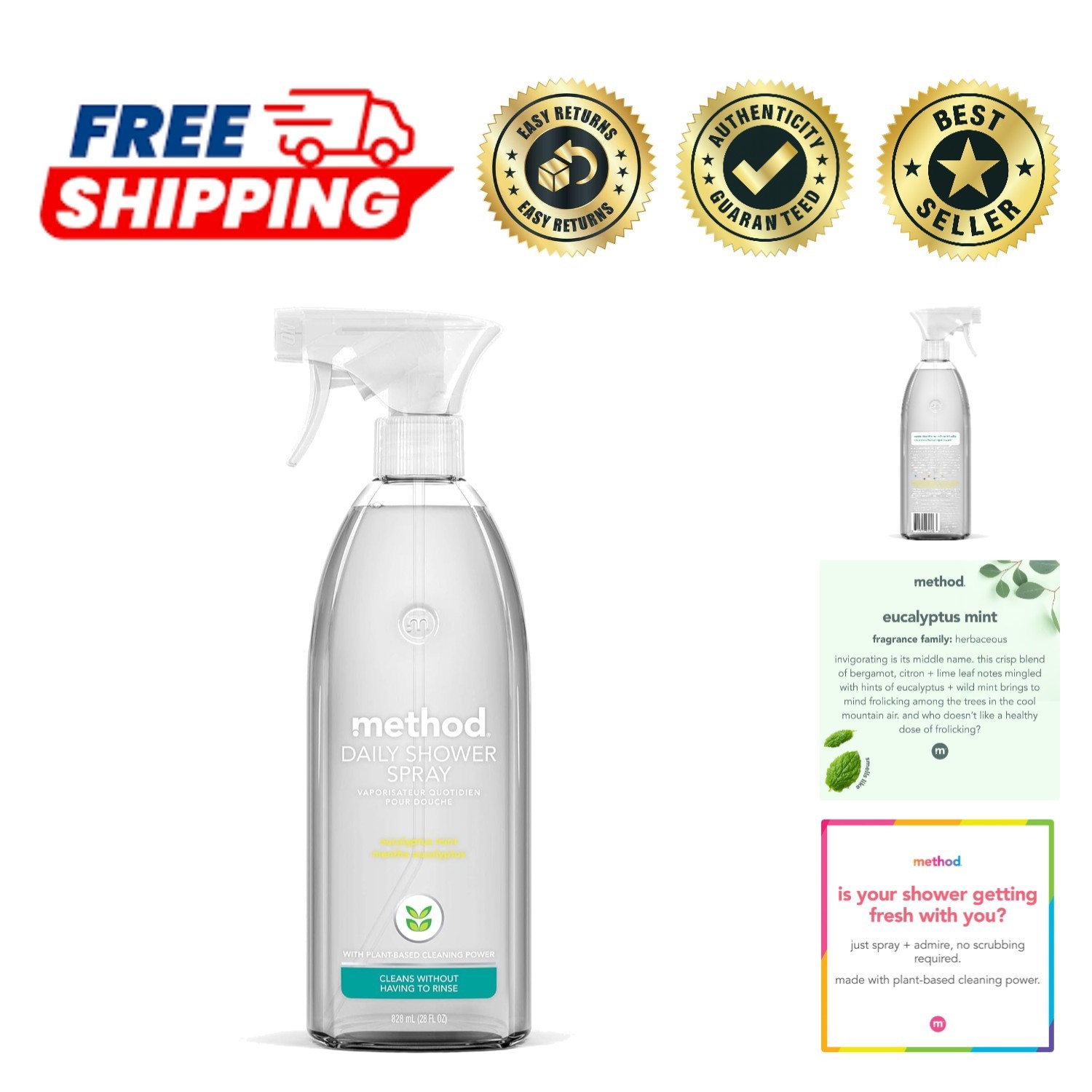 Daily Shower Cleaner, 28 oz Eucalyptus Mint – Biodegradable, No Rinse, Spa Fresh