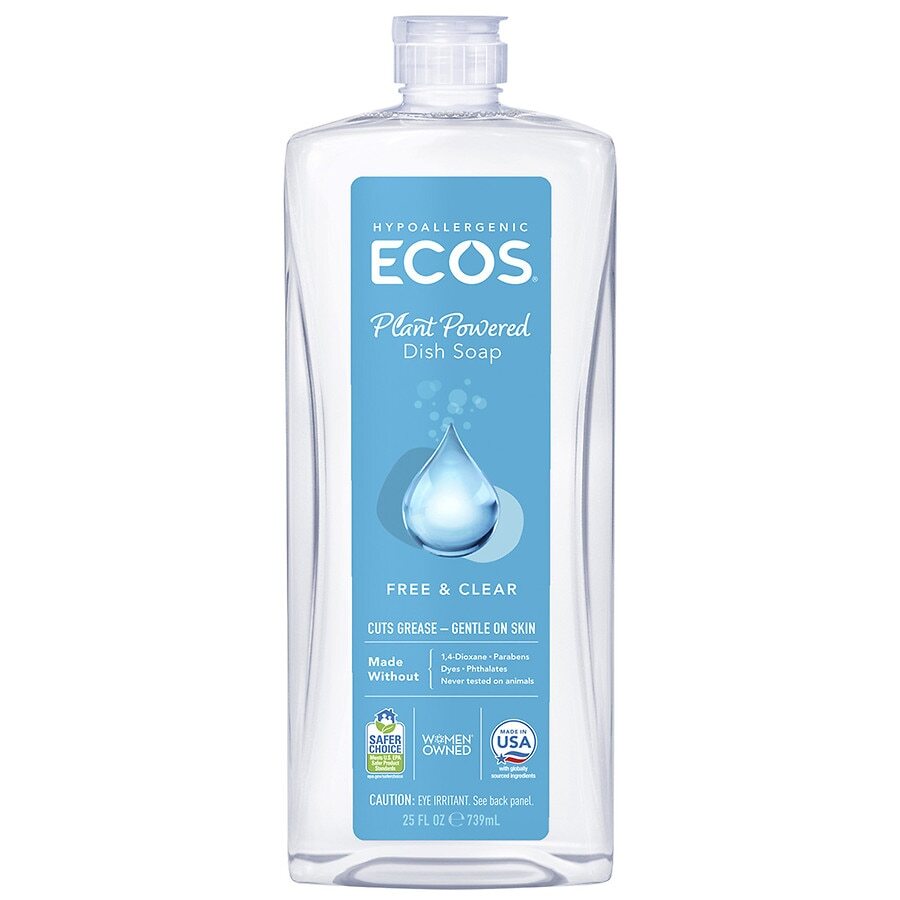 Ecos Plant Powered Dish Soap Free & Clear Hypoallergenic Cuts Grease 25 Ounce