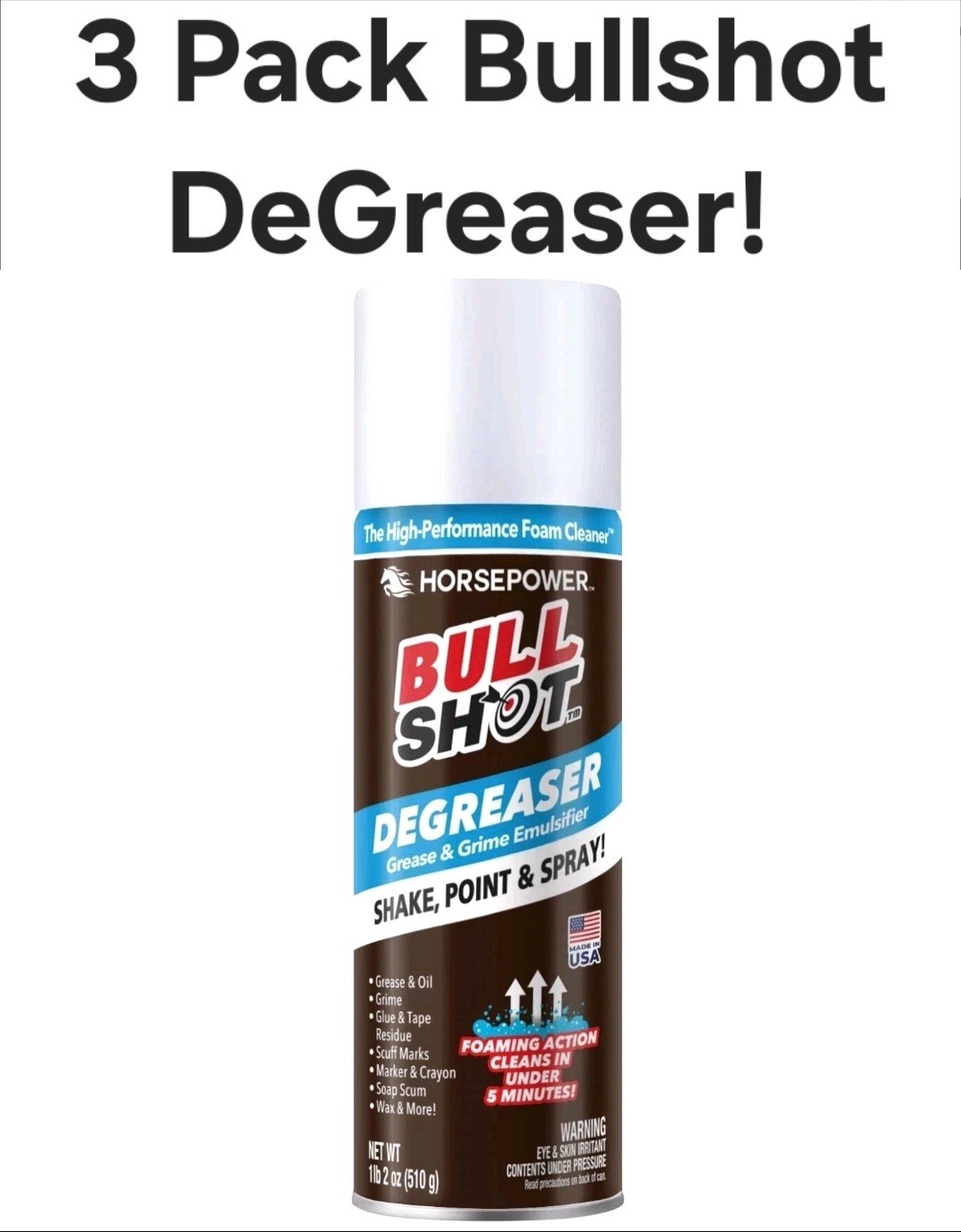 3pk Horse Power Bull Shot Degreaser Foaming Grime Remover Spray Made in USA!