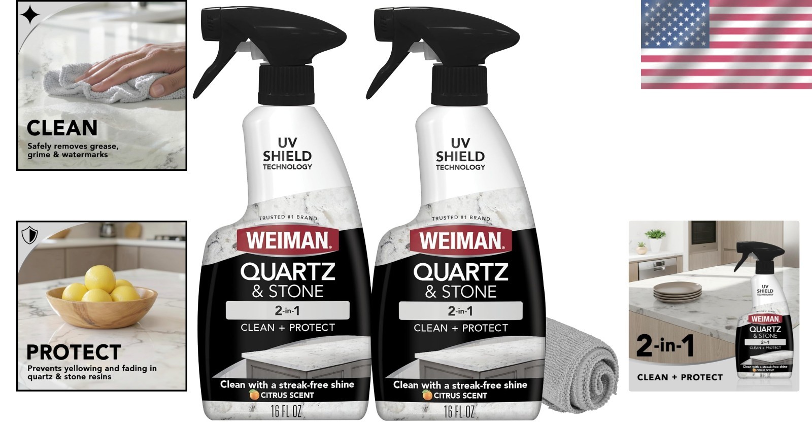 Quartz Countertop Care Essentials: 2 Pack Spray & Micro Towel – Citrus Fresh
