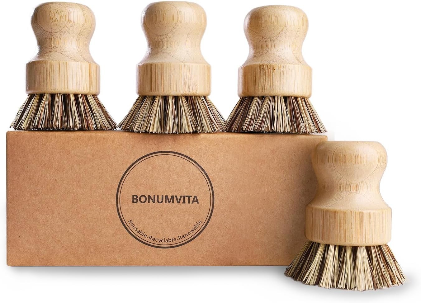 Bamboo Dish Brush Set 4 Pack Kitchen Palm Pot Brush with Union Fiber Natural