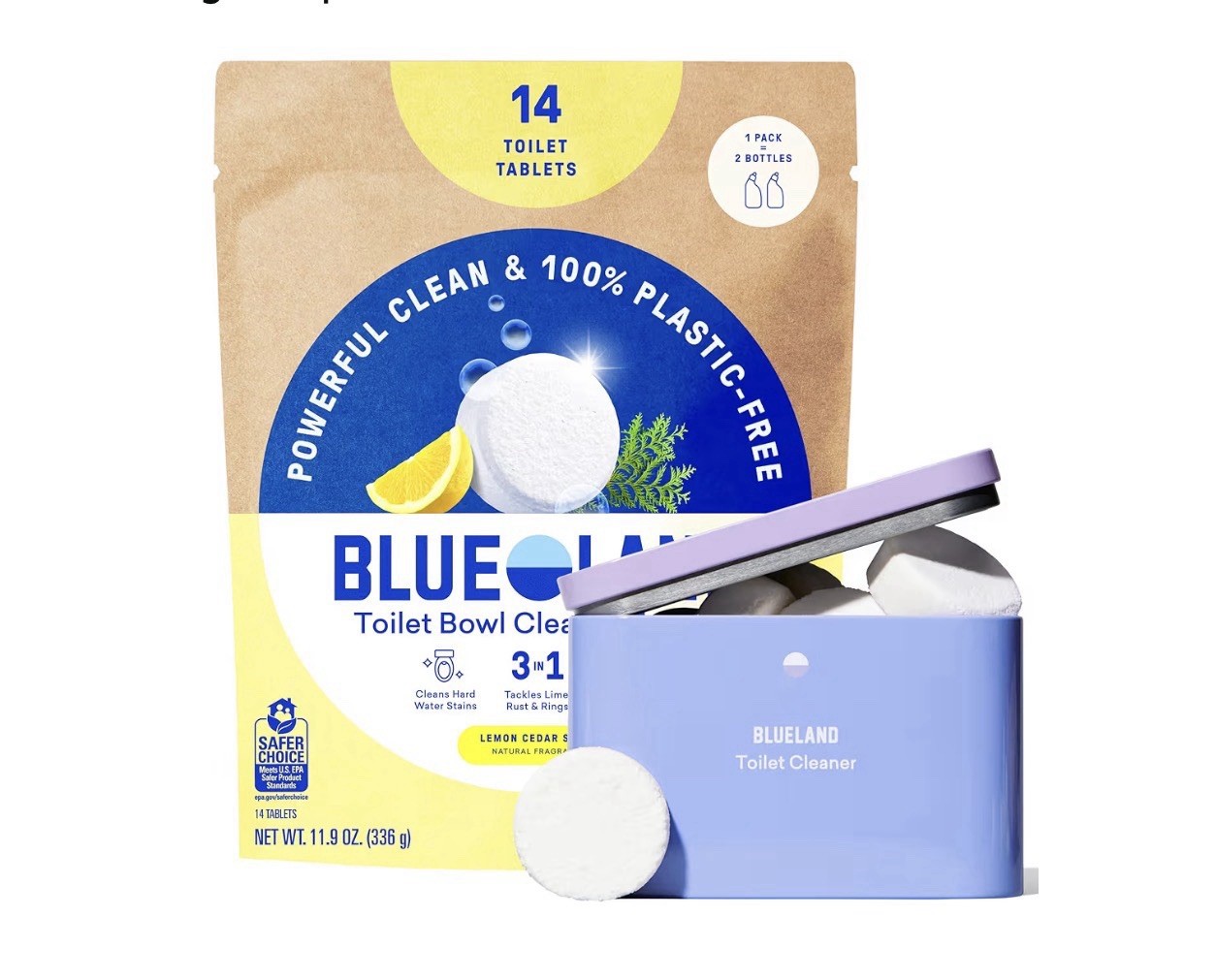 BLUELAND Toilet Bowl Cleaner Tablets, Starter Set, 14 Count with Tin, Lemon Ceda