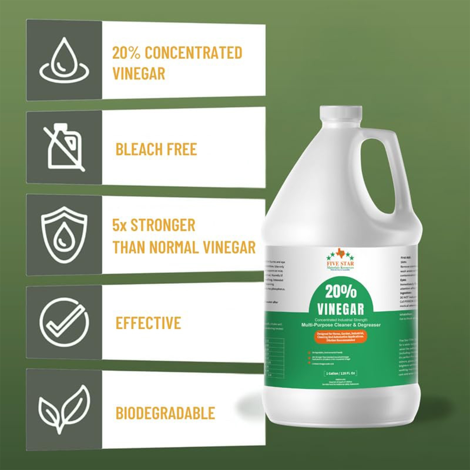 20% Concentrated Vinegar 1 Gallon Pure White Vinegar 5X Max Power Cleaning