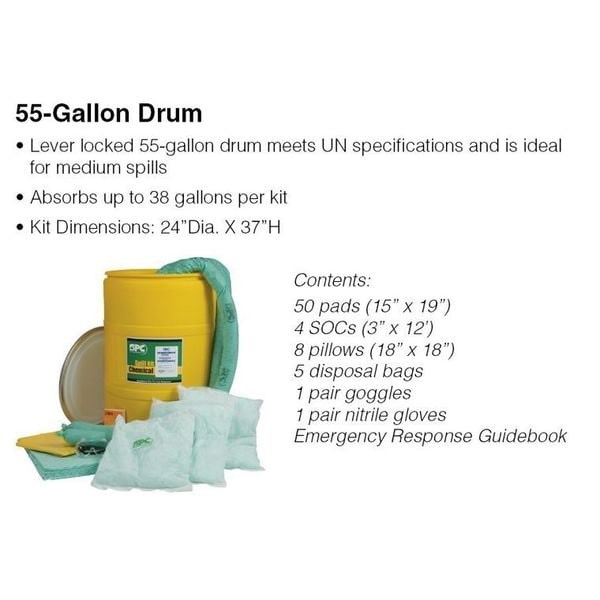 Brady Sko-55 Spill Kit, 40 Gal Volume Absorbed Per Kit, 55 Gal Capacity, Drum,