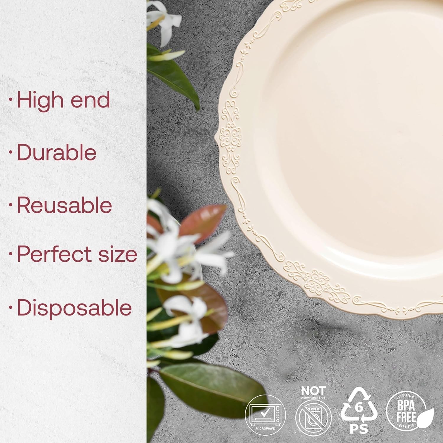 Smarty Had A Party Ivory Scalloped Plastic Dinner Plates 10 inch (120 Pieces)