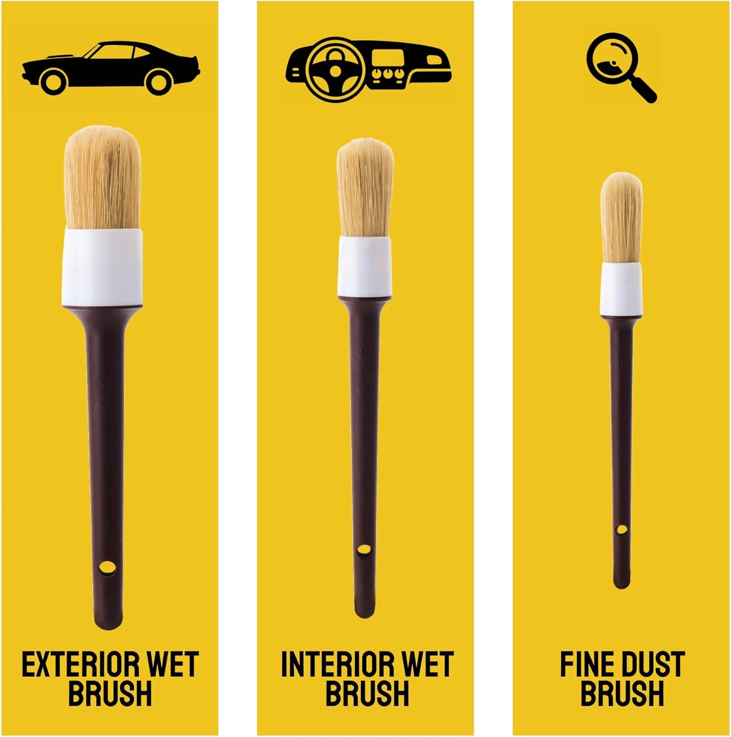 Car Detailing Brush Set 3-Pack – Soft Boar Hair Interior & Exterior Detailing Ki