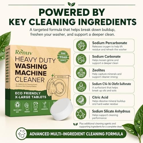 Renuv® Heavy Duty Washing Machine Cleaner and Descaler – Deep Cleaning Tablet…