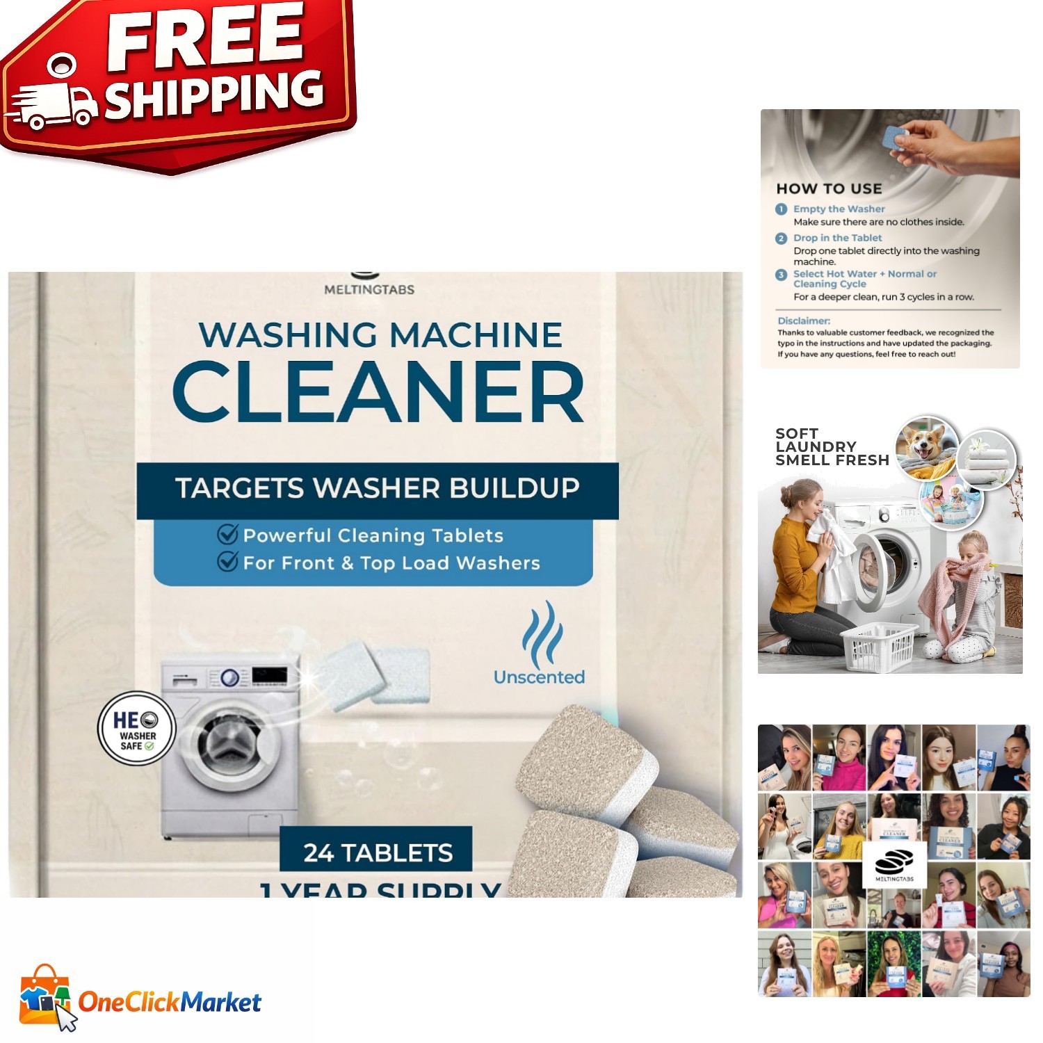 Versatile Washing Machine Cleaner Tablets – 24 Pack for Front Load & HE Washers