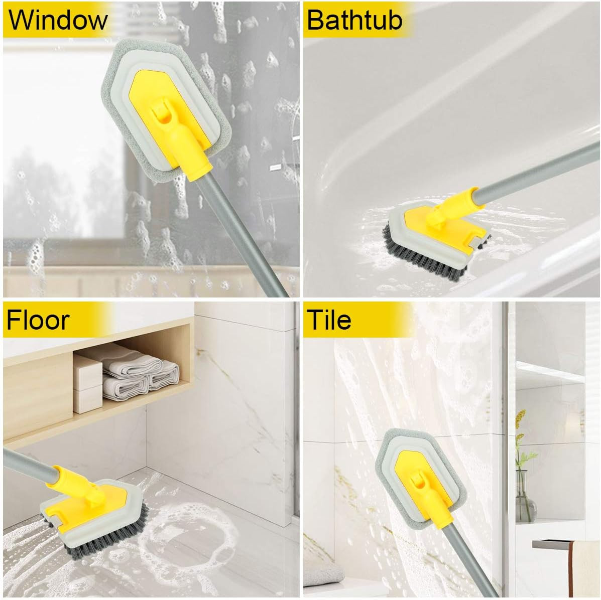 Shower Cleaning Brush with Locking Head, 3 in 1 Tub Tile Scrubber Brush with 50′