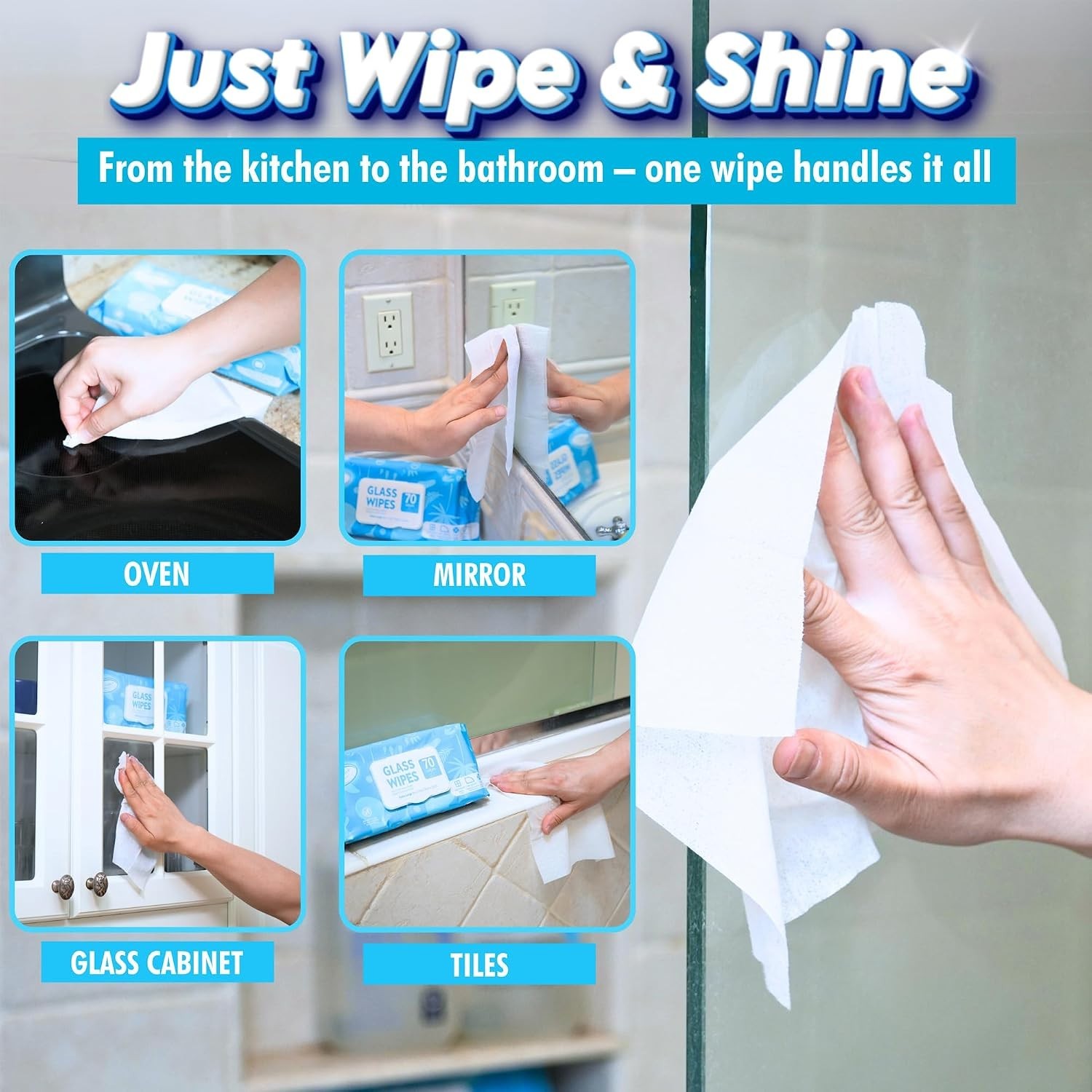 Glass & Window Cleaner Wipes 70 Count, XL 8×10 Inch | Ammonia-Free, Streak-Fr…
