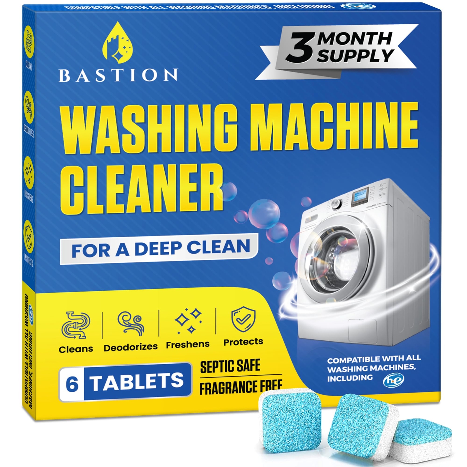 Bastion Washing Machine Cleaner, Deodorizer, & Descaler 6-Pack – 3 Month Supply