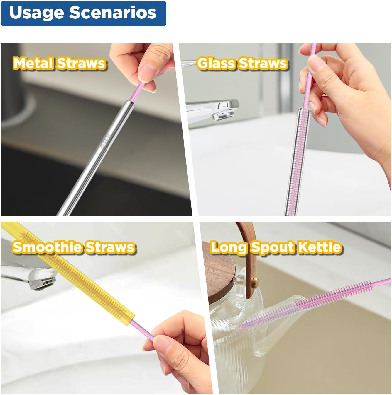 Silicone Straw Cleaner Brush, Reusable, Extra Long for Cleaning Tumbler, Handle