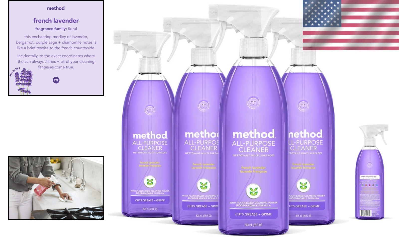 Biodegradable All-Purpose Cleaner Spray – French Lavender, 28 Fl Oz – Pack of 4