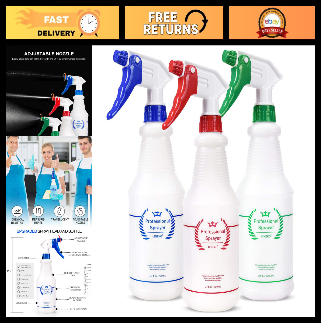 3 Pack Heavy Duty Plastic Spray Bottles 24 Oz – Leak Proof Mist for Cleaning, Pl