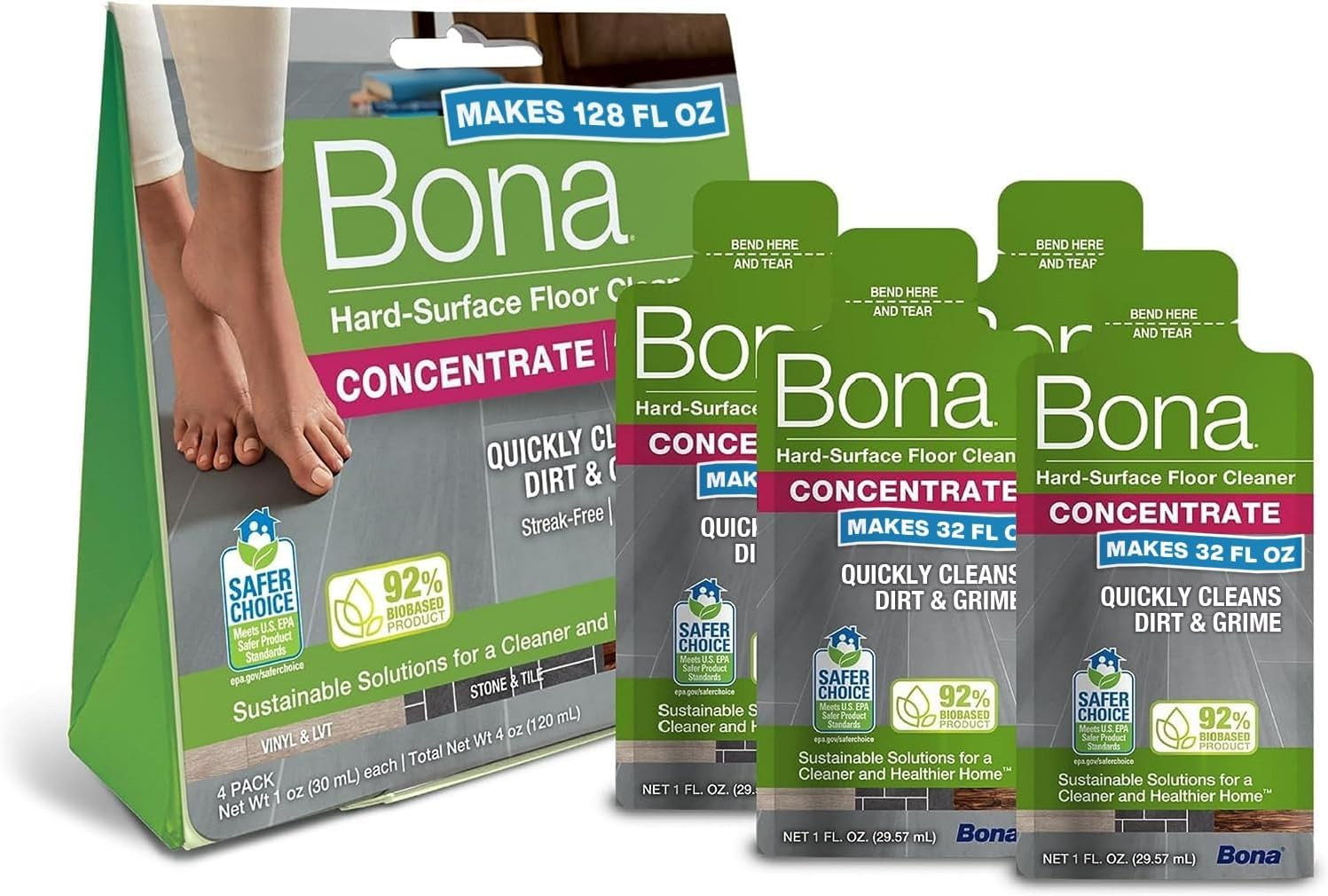 Bona Multi-Surface Floor Cleaner Concentrate – 1 Fl Oz – 4-Pack – Residue-Free F