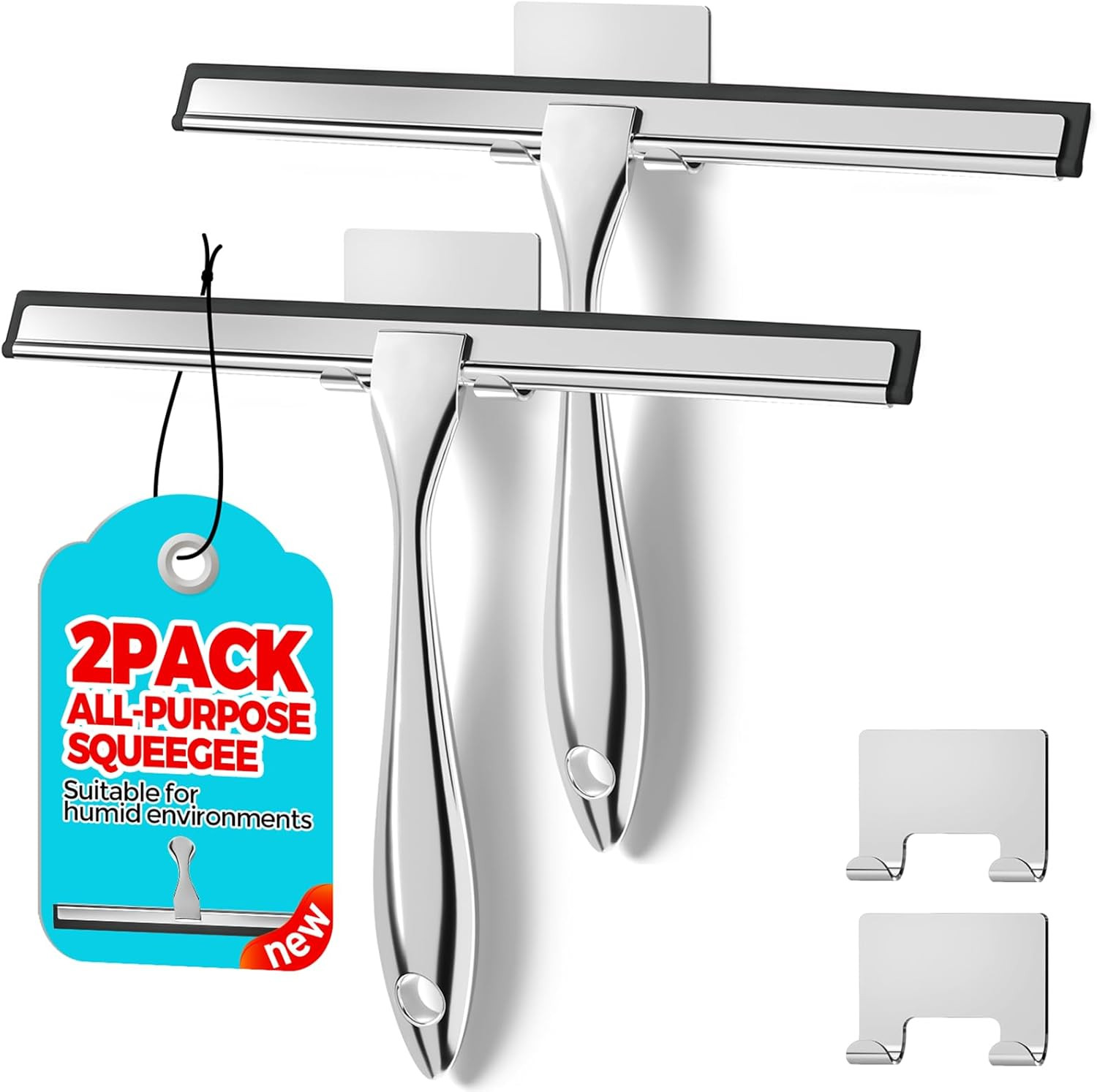 2 Pack Stainless Steel Shower Squeegee for Glass Doors, Windows and Mirrors