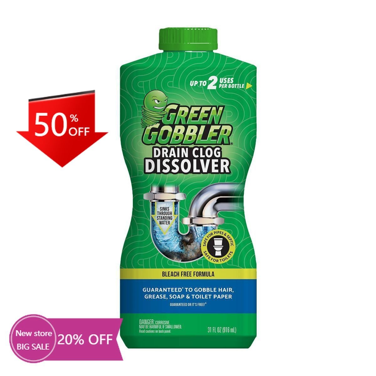 Green Gobbler Unscented Drain Clog Dissolver – 31 fl oz: Liquid Gel,Paraben-Free