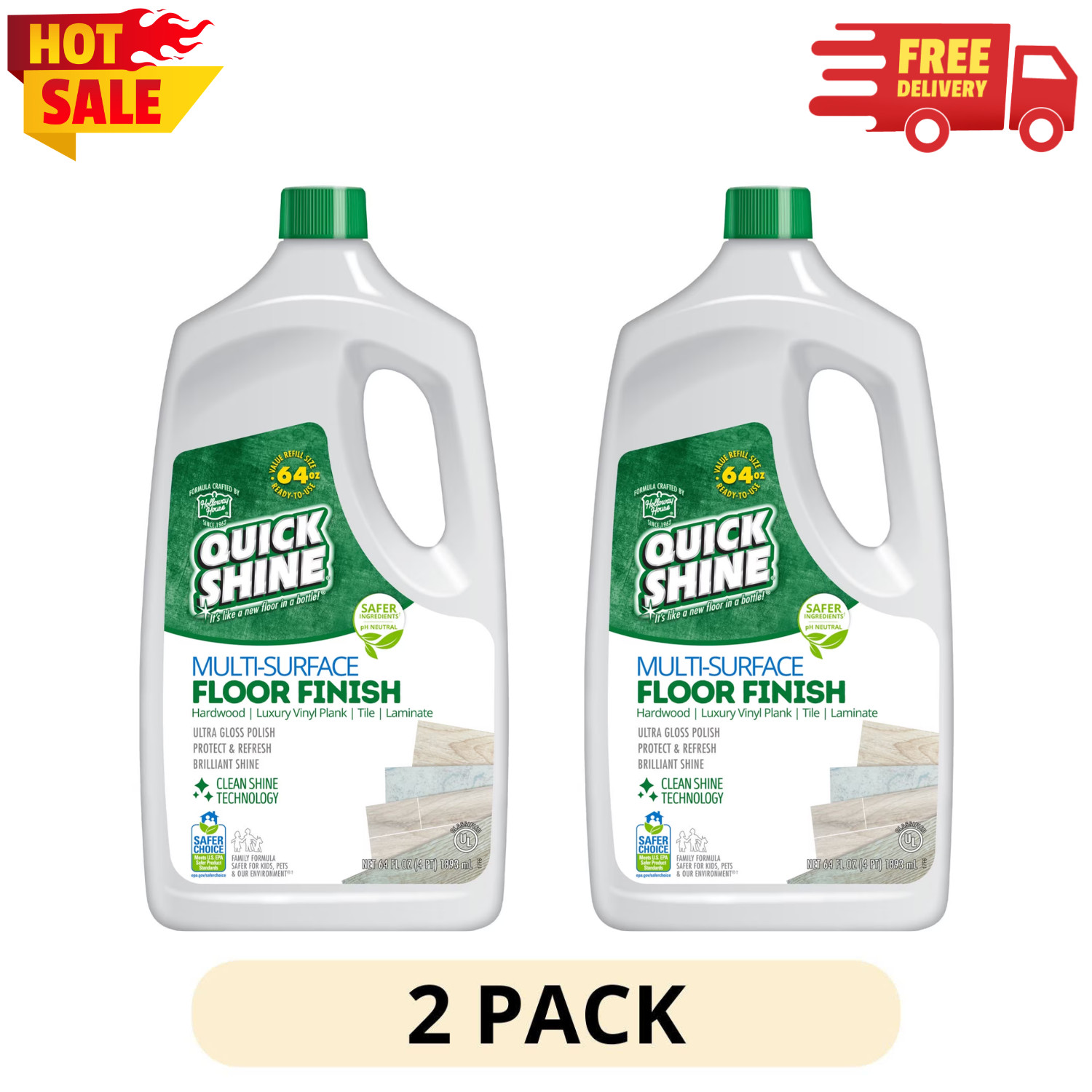 (2 Pack) Quick Shine Multi-Surface Floor Finish PFAS-Free Floor Polish 64 fl oz