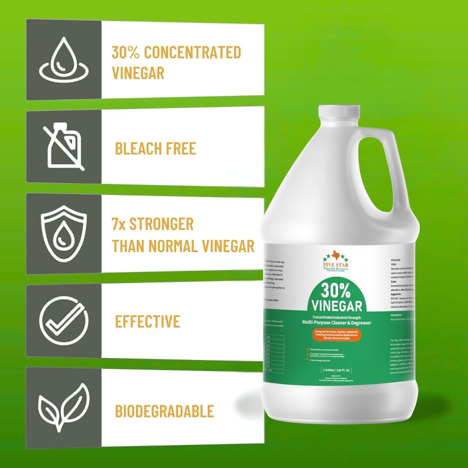 30% Concentrated Vinegar 4 Gallon 7X Max Power Pure White Cleaning Vinegar