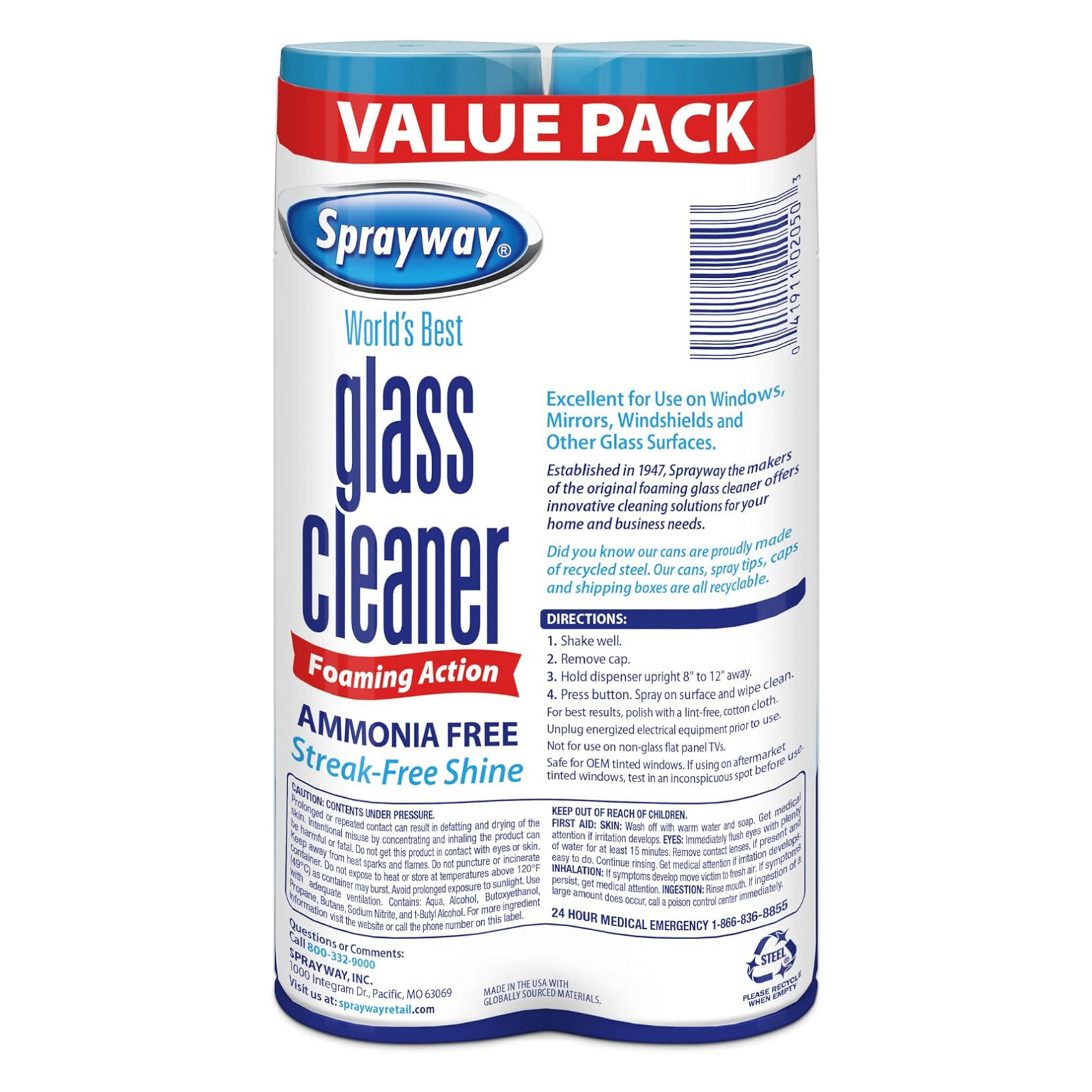 Sprayway Foaming Glass Cleaner 2 Pack Ammonia Free Streak Free Shine 19oz Value
