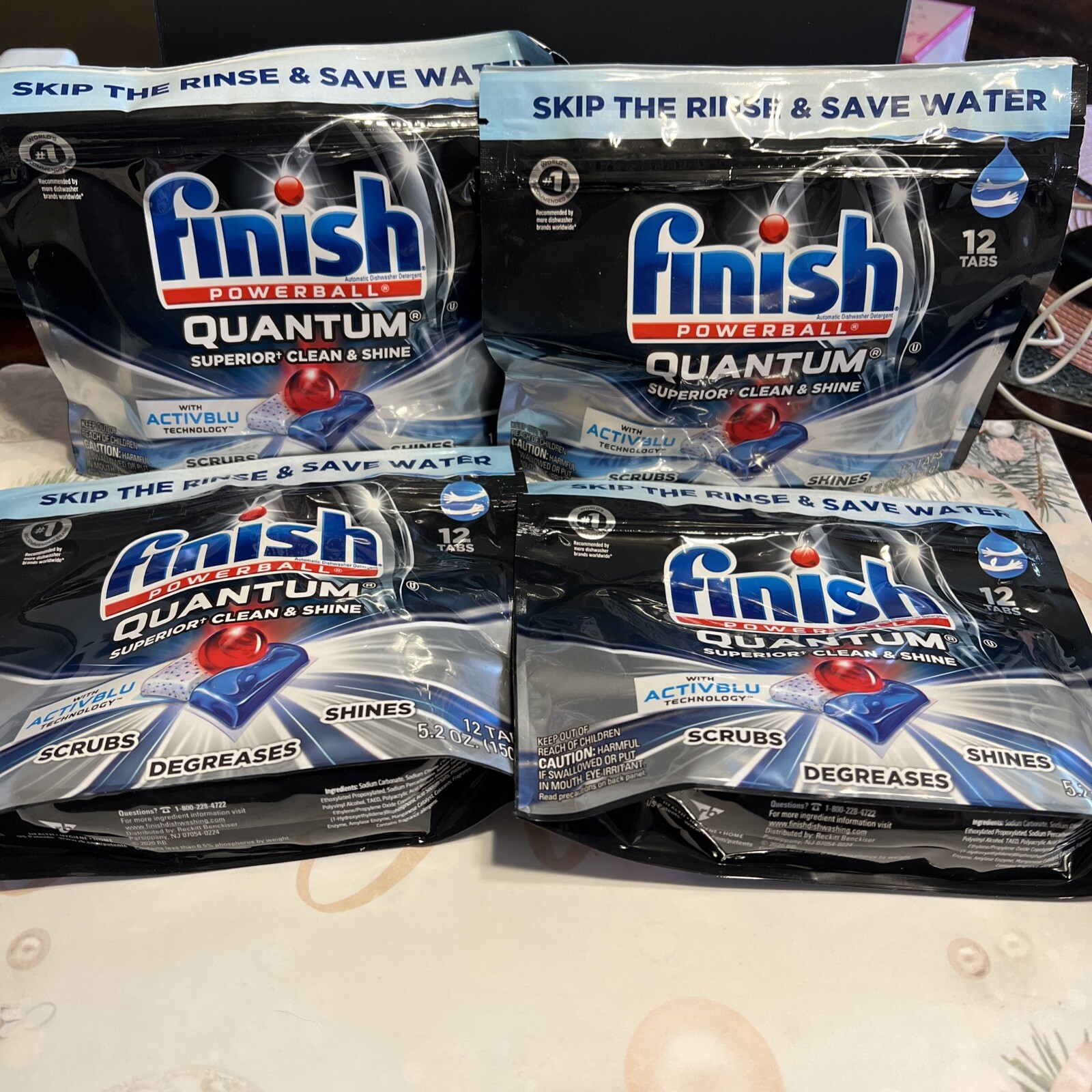 4x Finish Powerball Quantum Dishwasher Detergents (12 Tabs/Bag) =48 Loads Total