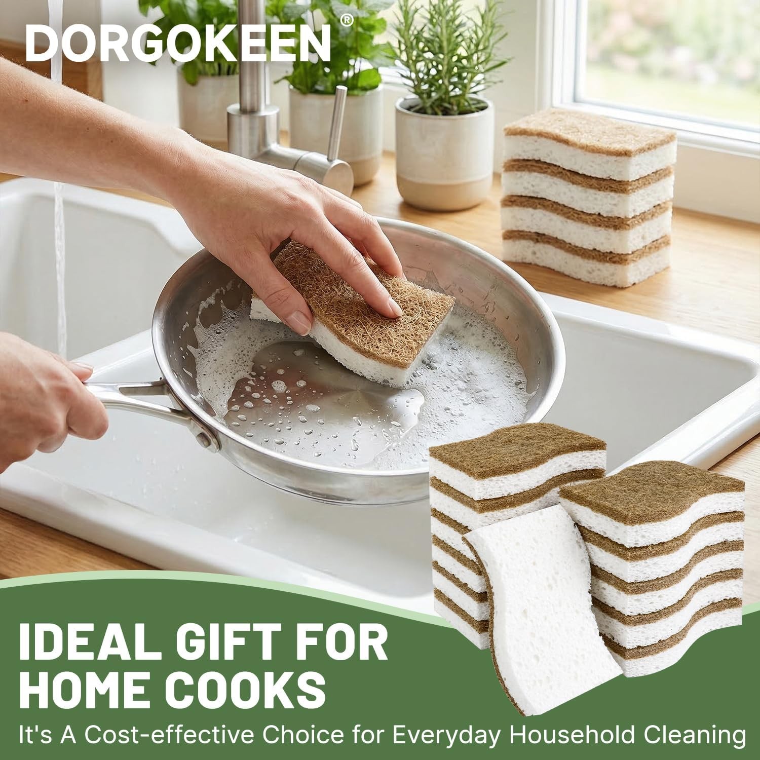 12 Pack Biodegradable Kitchen Dish Sponges, Natural Plant-Based Coconut Fiber