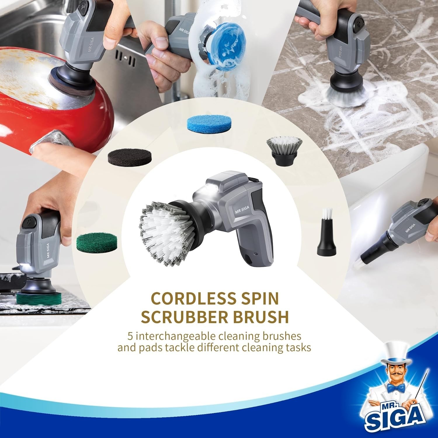 MR.SIGA Electric Spin Scrubber for Kitchen and Bathroom Cleaning Waterproof