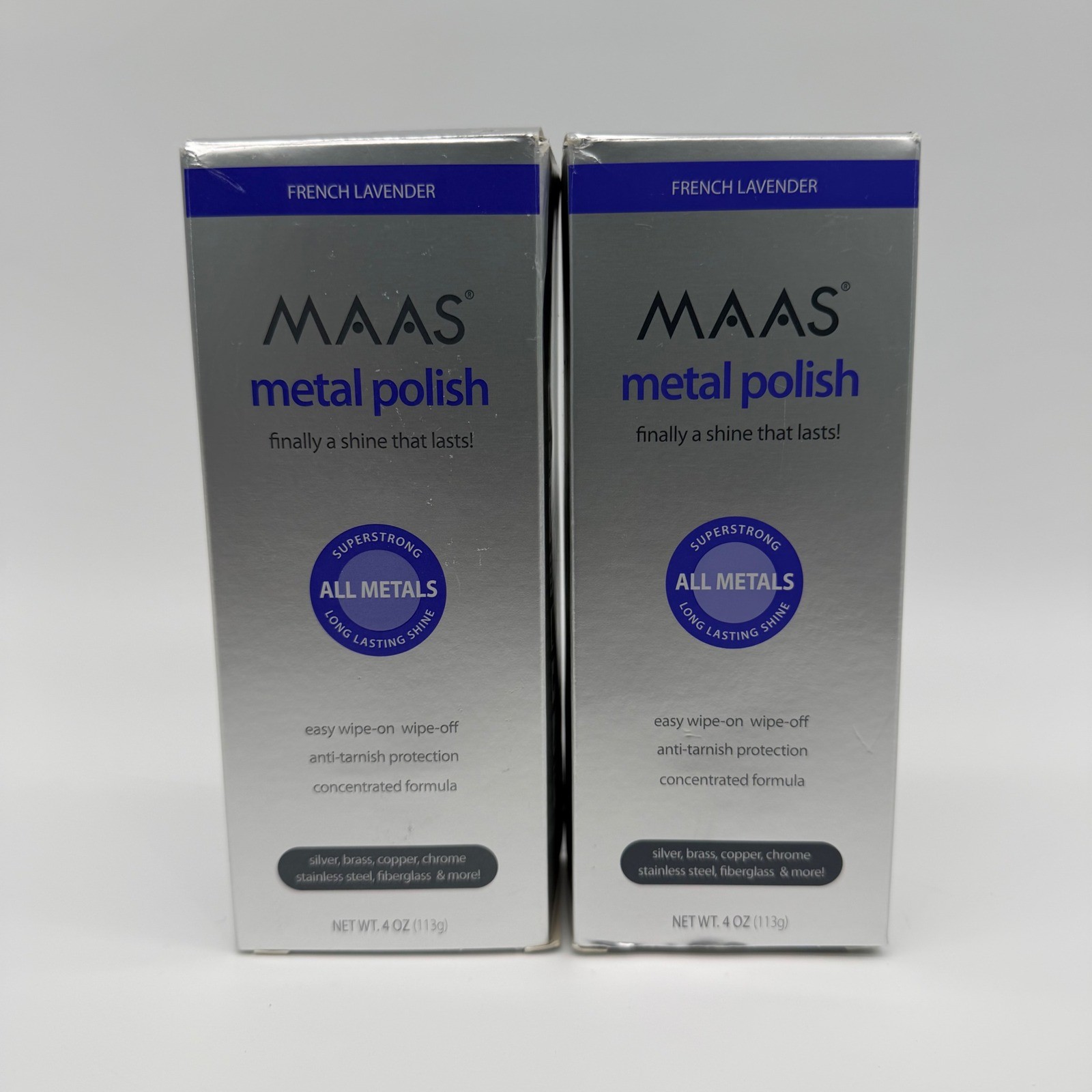 (Lot of 2) Maas Metal Polish 4oz French Lavender All Metals w/ Cloth USA Made