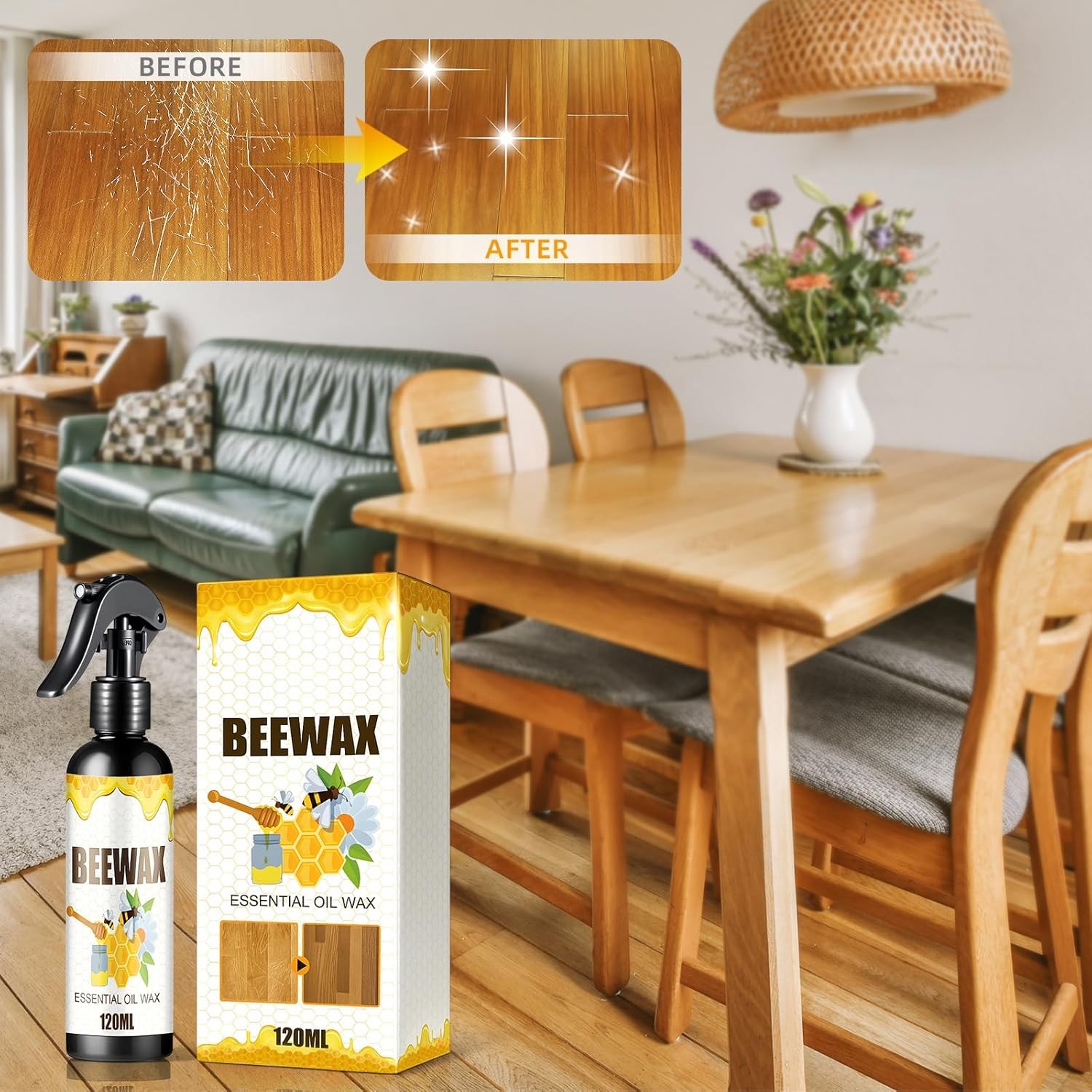 Natural Beeswax Care Spray & Restorer, Wood Cleaner, Furniture Polish for Floor