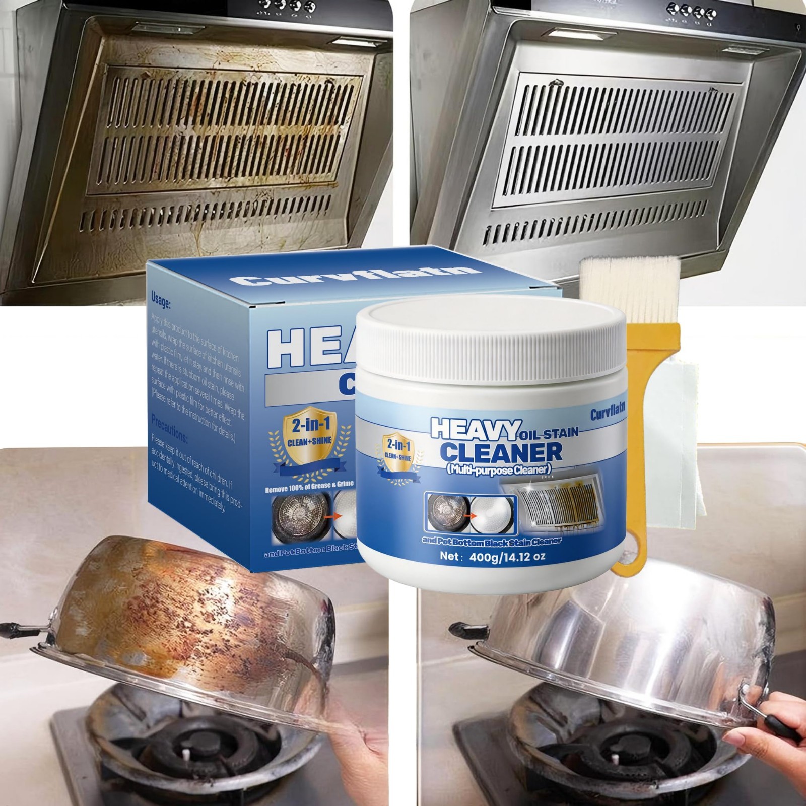 Powerful Heavy Oil Stain Cleaner for Pots & Pans, Multi-Purpose Kitchen Cleaner