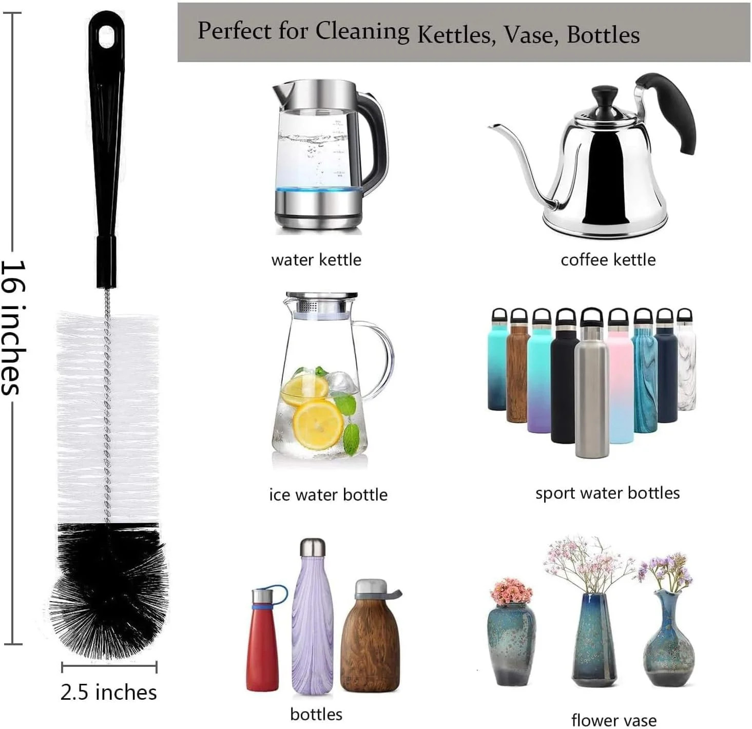 ALINK 8-Pack Bottle Cleaning Brush Set – Long Handle Black Bottle Cleaner for Wa